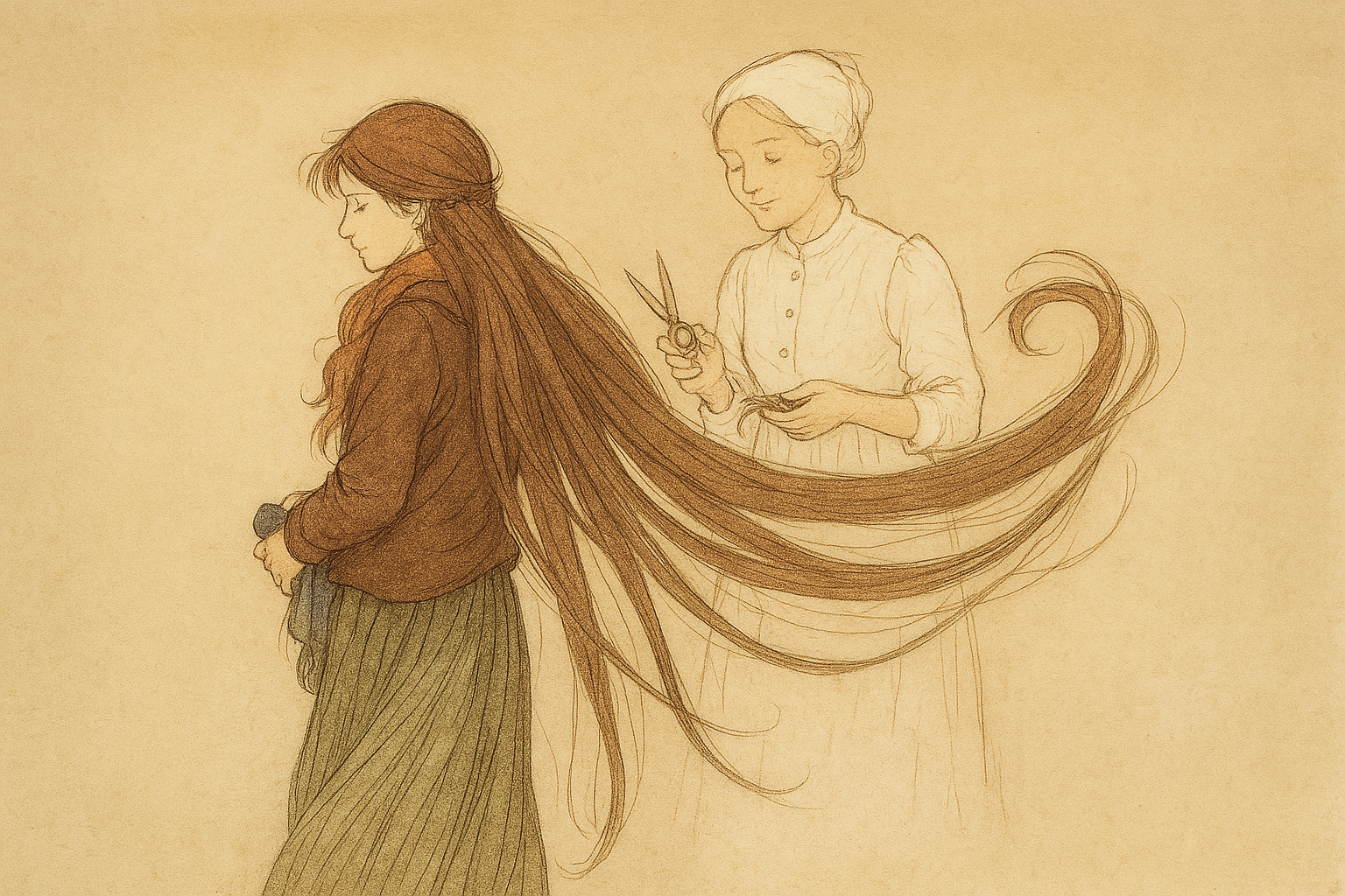 A young woman selling her hair – illustration from an English story about love and sacrifice