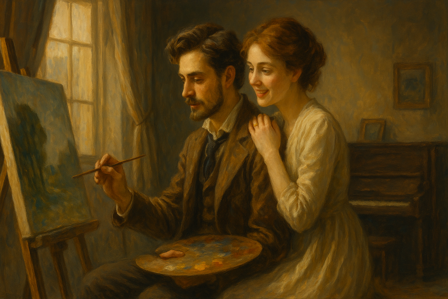 A beautiful illustration of Joe and Delia in their small New York flat from “A Service of Love” by O. Henry. Joe paints while Delia stands beside him with love and support, showing their simple and true love.