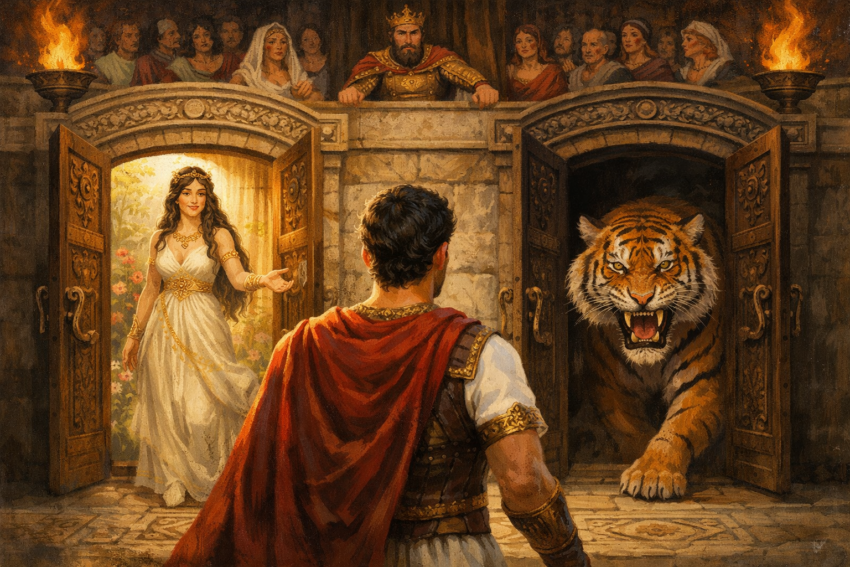 A young man stands between two doors in a royal arena, with a beautiful lady behind one door and a fierce tiger behind the other, while a king and crowd watch.